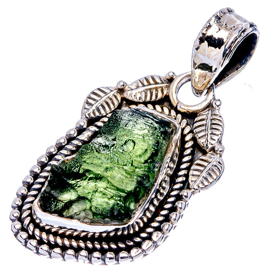 Sterling silver pendant with bright green irregular moldavite stone, leaf-and-bead frame bail
