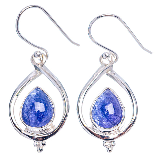 Sterling silver teardrop drop earrings with blue tanzanite cabochons and hook closures