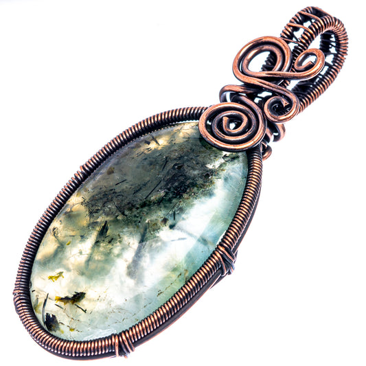 Oxidized copper wire-wrap pendant with teardrop prehnite cabochon and coiled rings