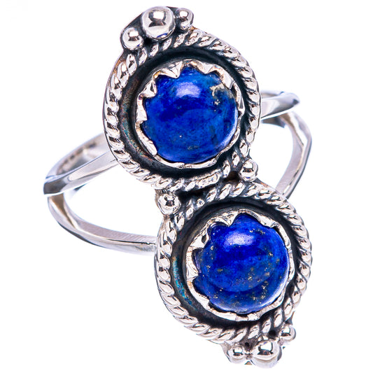 Sterling silver lapis lazuli ring, ornate halo settings with two dark blue stones