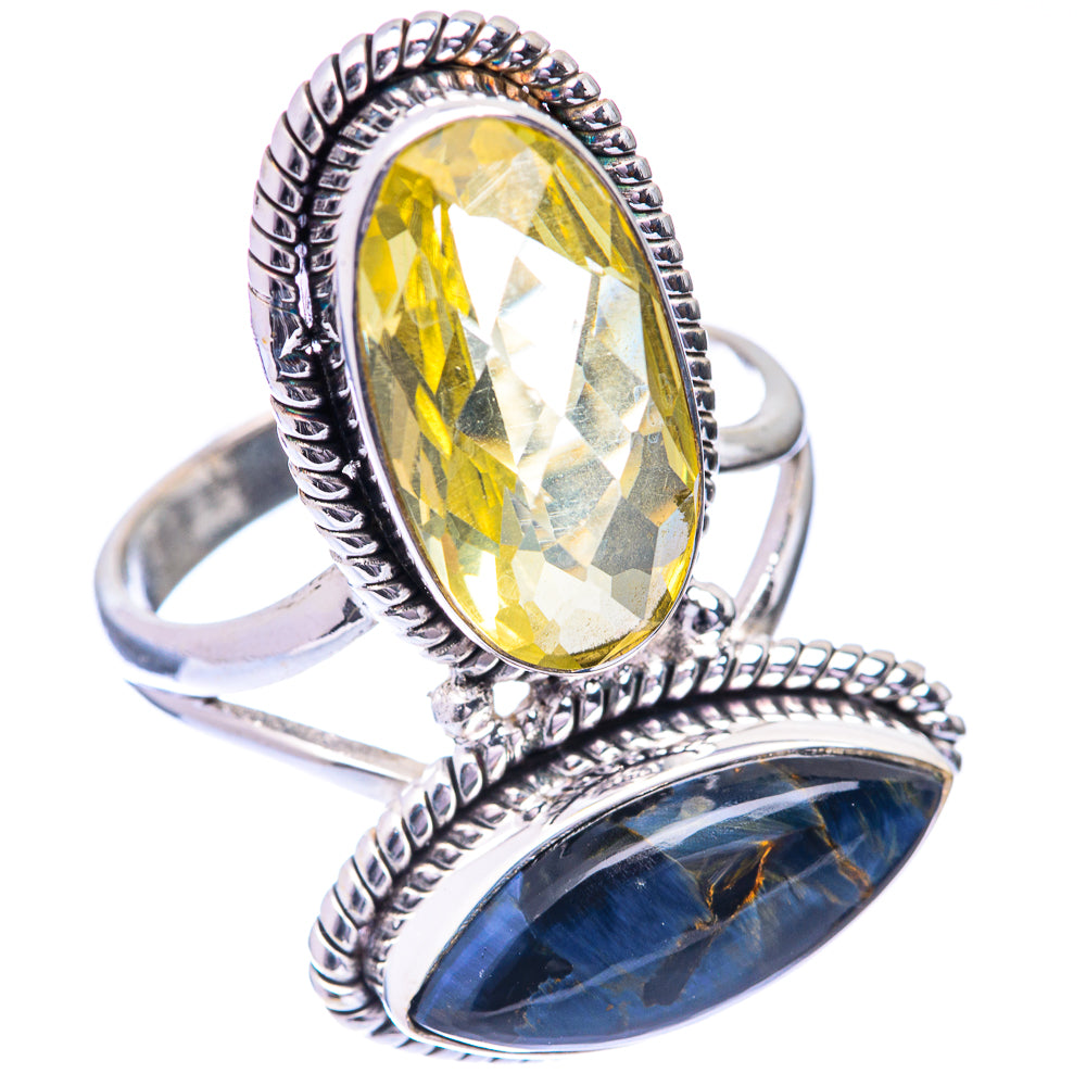 Sterling silver oval yellow and blue gemstone ring with raised prong setting, side view