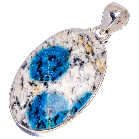 Oval K2 blue azurite pendant with .925 sterling silver bezel and blue cabochon
