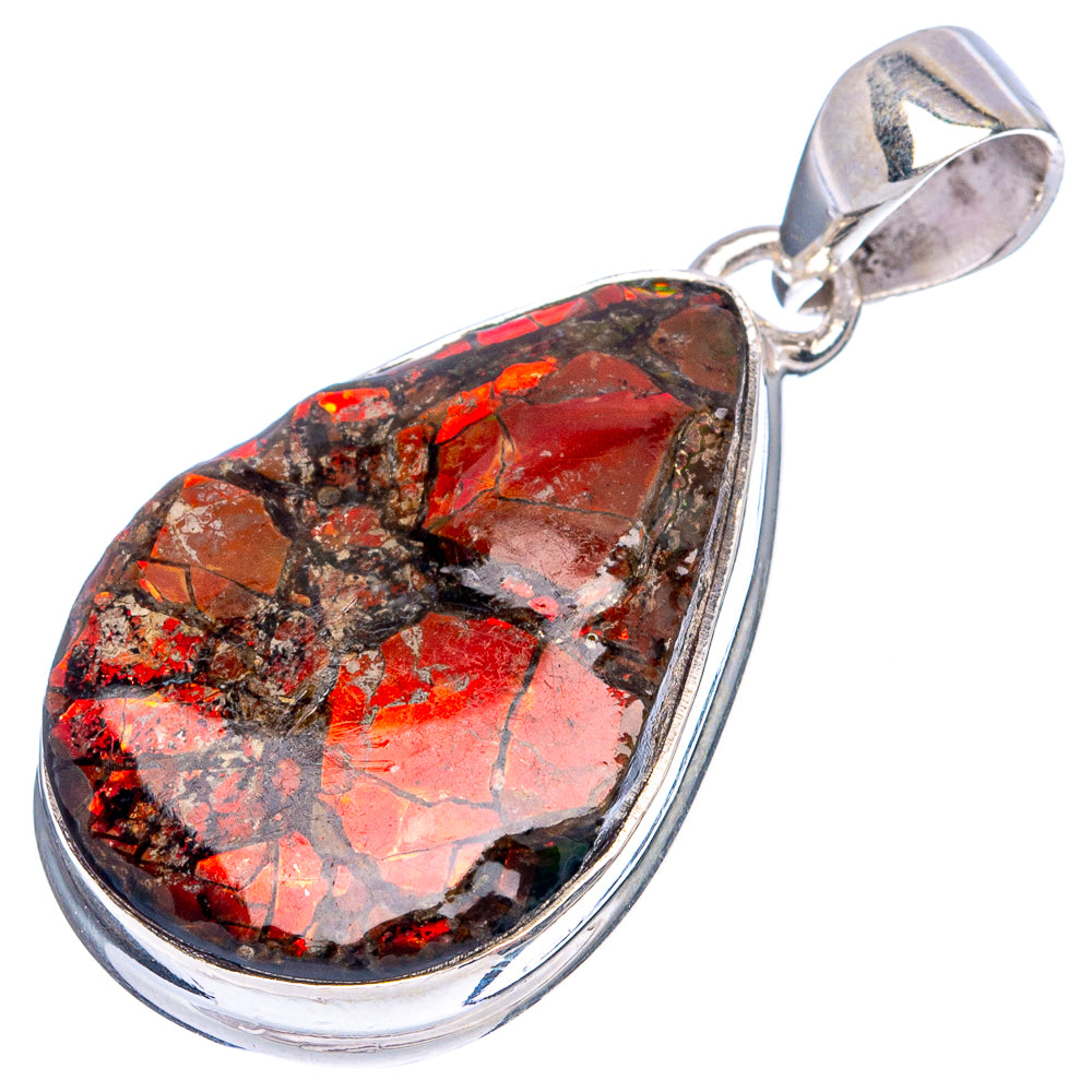Teardrop ammolite pendant, red black mosaic stone, 925 sterling silver bail loop
