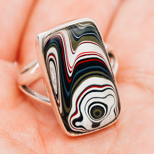 Sterling silver ring with tall inlaid fordite mosaic, white-black-red swirl design