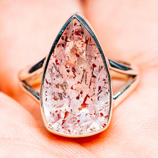 Front view teardrop sterling silver ring with rose-pink speckled gemstone and dark bezel