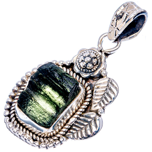 Iridescent green moldavite pendant in ornate 925 silver leaf frame with loop bail
