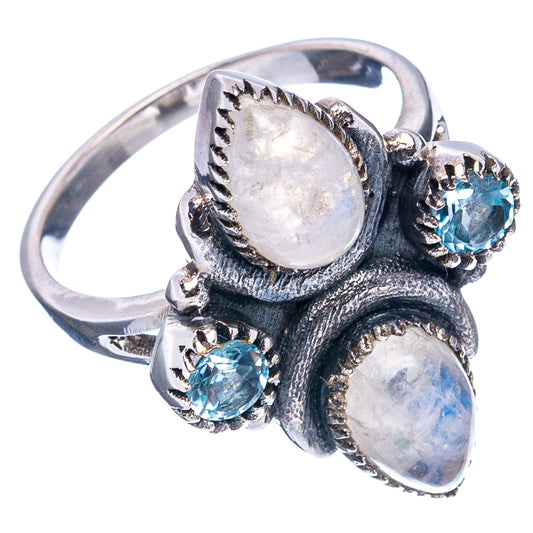 Sterling silver moonstone ring with three oval stones and two blue topaz round gems