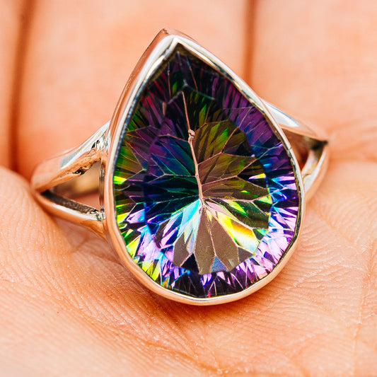 Rainbow faceted teardrop mystic topaz ring with polished .925 sterling silver band