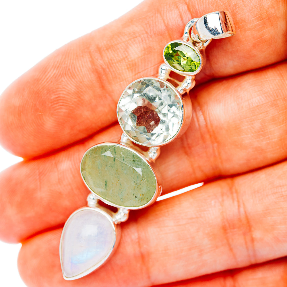 Premium Multi-Gem Rainbow Moonstone, Prehnite,Green Amethyst, Peridot Pendant 2 1/4" (.925 Sterling Silver)