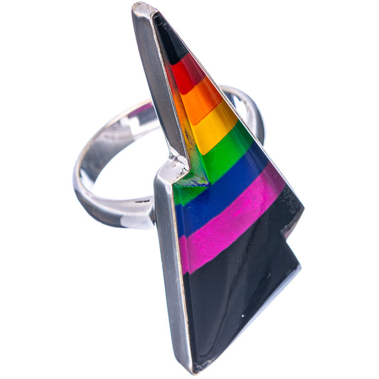 Sterling silver rainbow bolt ring with faceted multicolor inlay, size 7