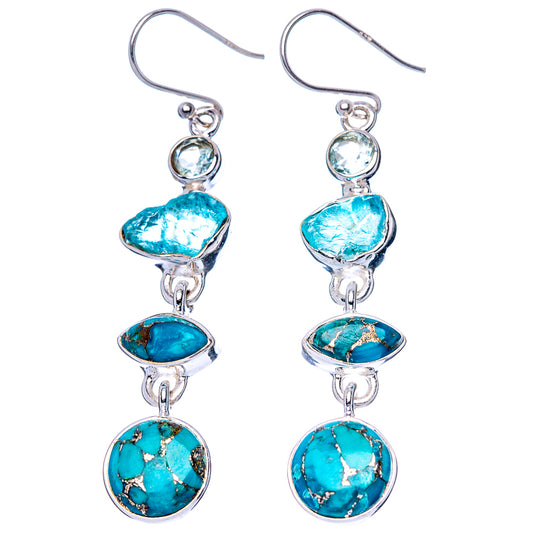 Blue Copper Composite Turquoise, Apatite, Blue Topaz Earrings 2 1/4" (925 Sterling Silver) E1593