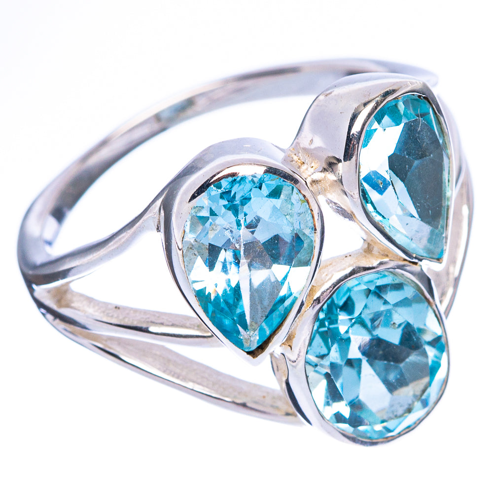 Sterling silver ring with three heart-cut blue topaz stones and openwork setting