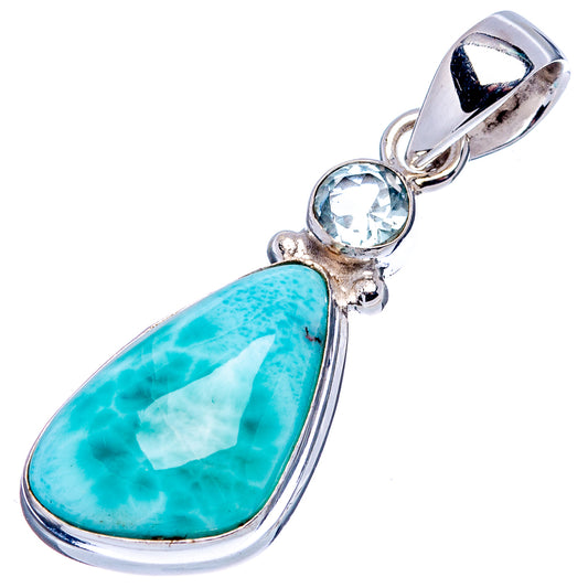 Sterling silver pendant with large oval Larimar stone and round blue topaz, teardrop frame