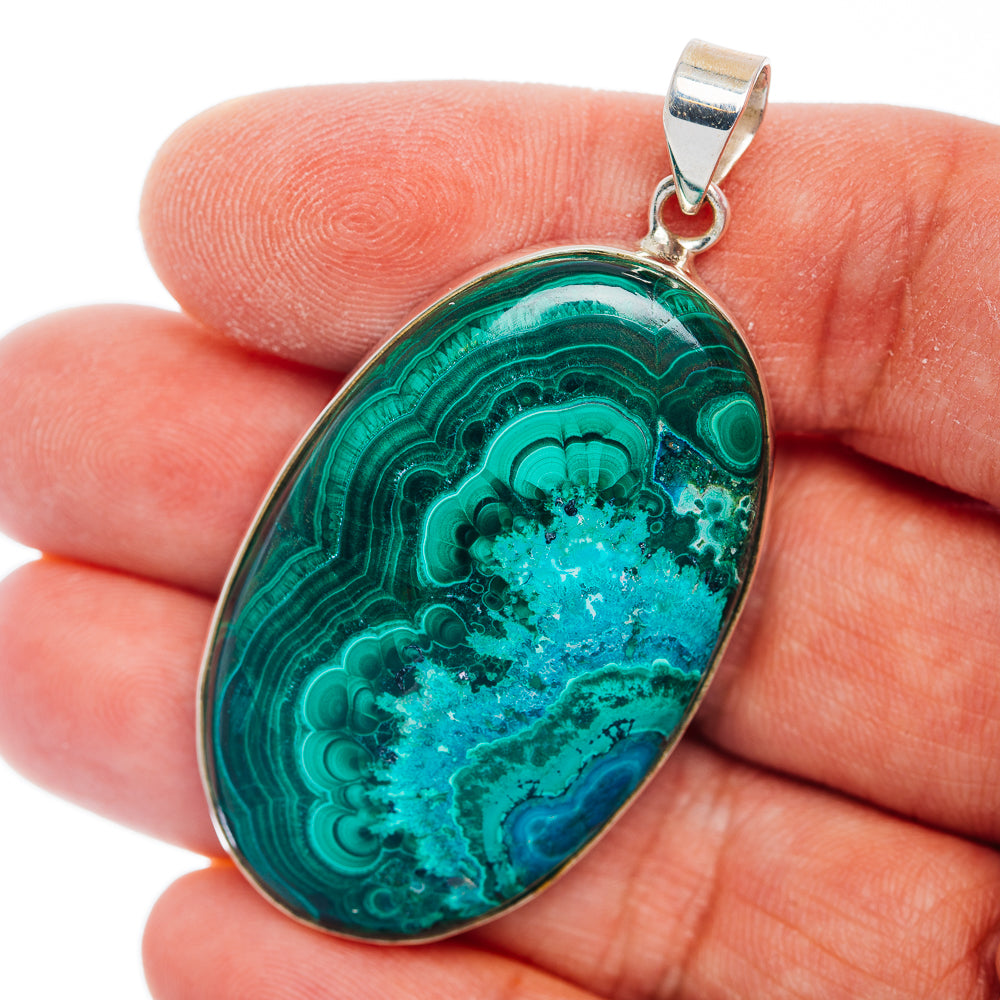 Premium Malachite In Chrysocolla Pendant 2 1/8" (.925 Sterling Silver)