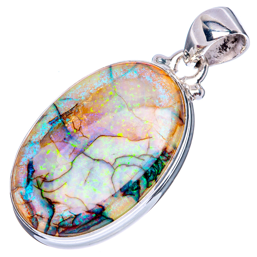 Sterling silver opal pendant featuring an oval cabochon in blue-green and gold iridescence.