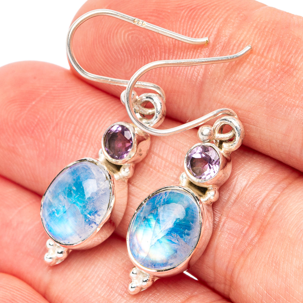 Rainbow Moonstone, Amethyst Earrings 1 3/8" (925 Sterling Silver) E2569