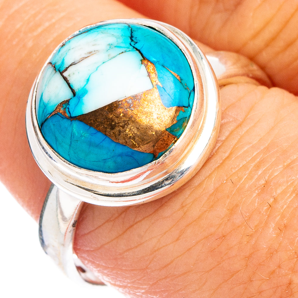 Oval turquoise inlay sterling silver ring with silver bezel and gold matrix accents