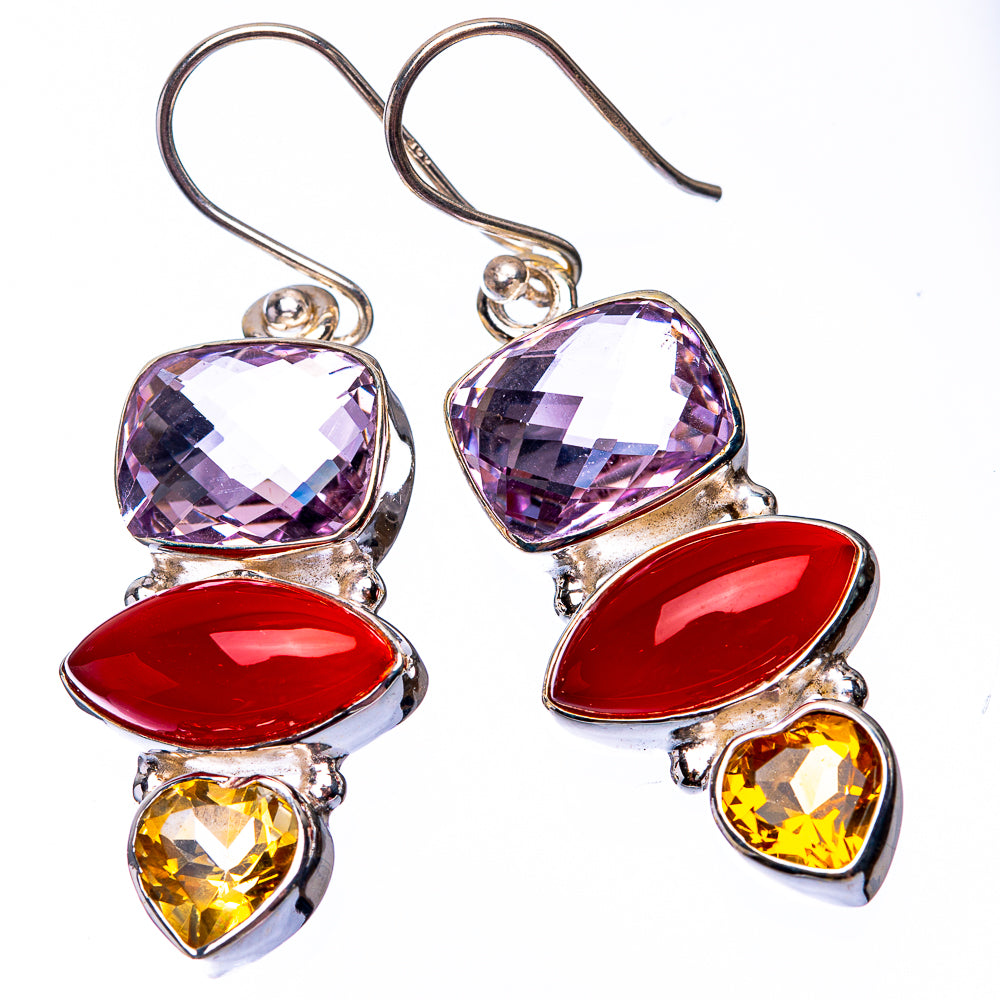925 sterling silver drop earrings with layered purple, red, and yellow gemstone drops