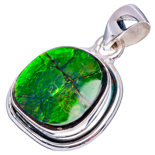 Sterling silver ammolite pendant with round green iridescent gemstone, top bail view