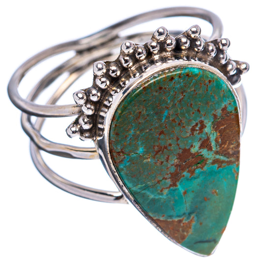 Turquoise teardrop sterling silver ring showing band and beaded halo bezel