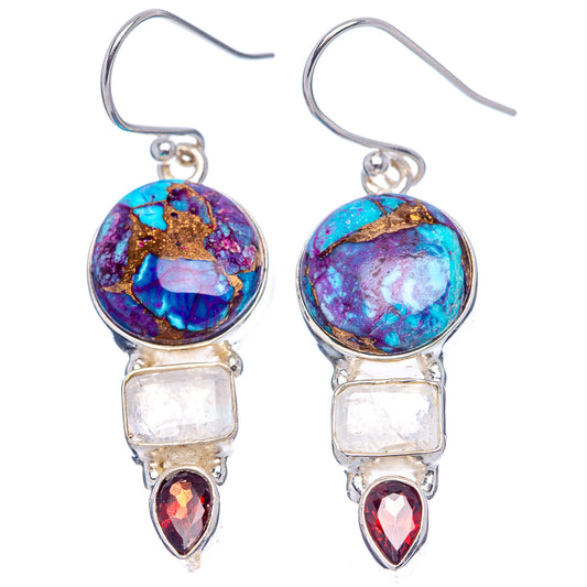 Sterling silver oval-and-square gemstone earrings with blue-purple round stone and red charm