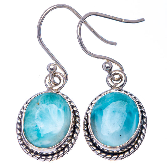 Sterling silver Larimar oval drop earrings, rope-framed stones on fishhook hooks
