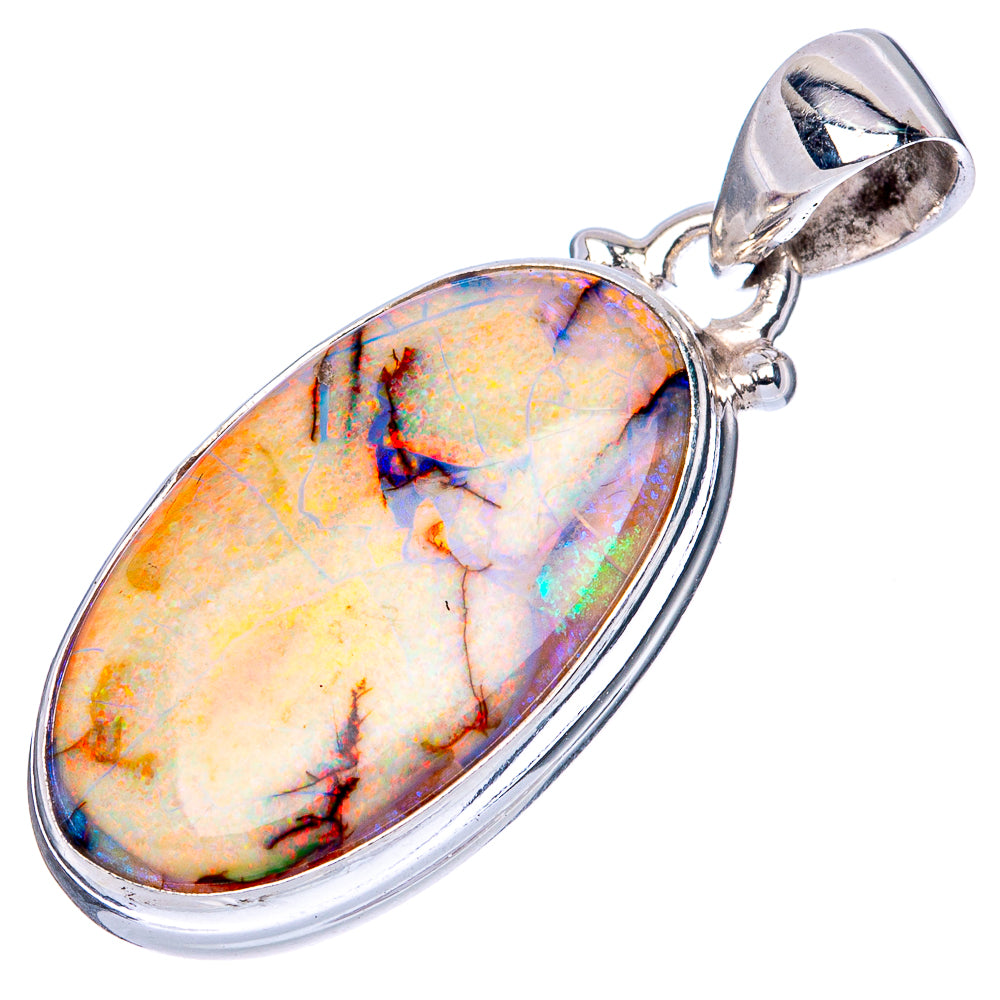 Oval white opal pendant in sterling silver with loop bail and blue-orange-red color flashes