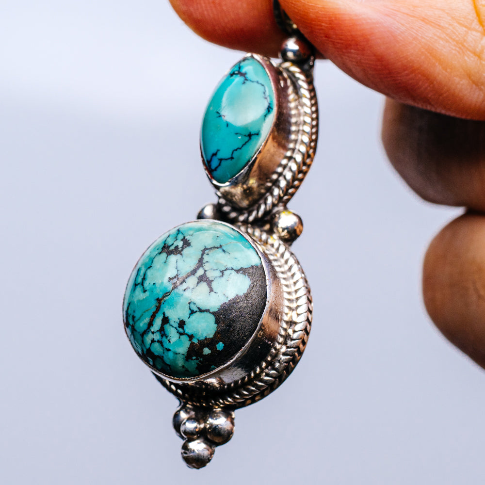 Tibetan Made Vintage Turquoise Pendant 2 3/8" (.925 Sterling Silver)