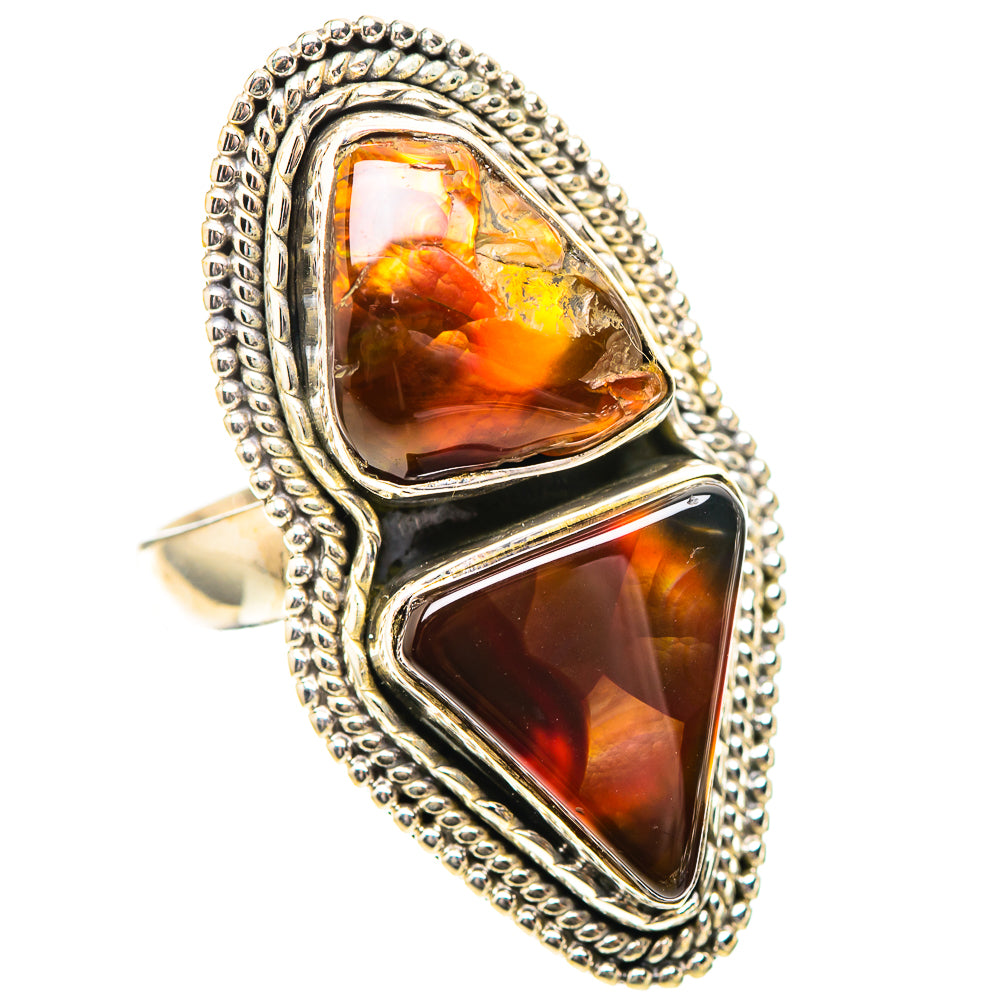 Large fire agate 925 sterling silver ring with amber-orange stones in ornate rope setting