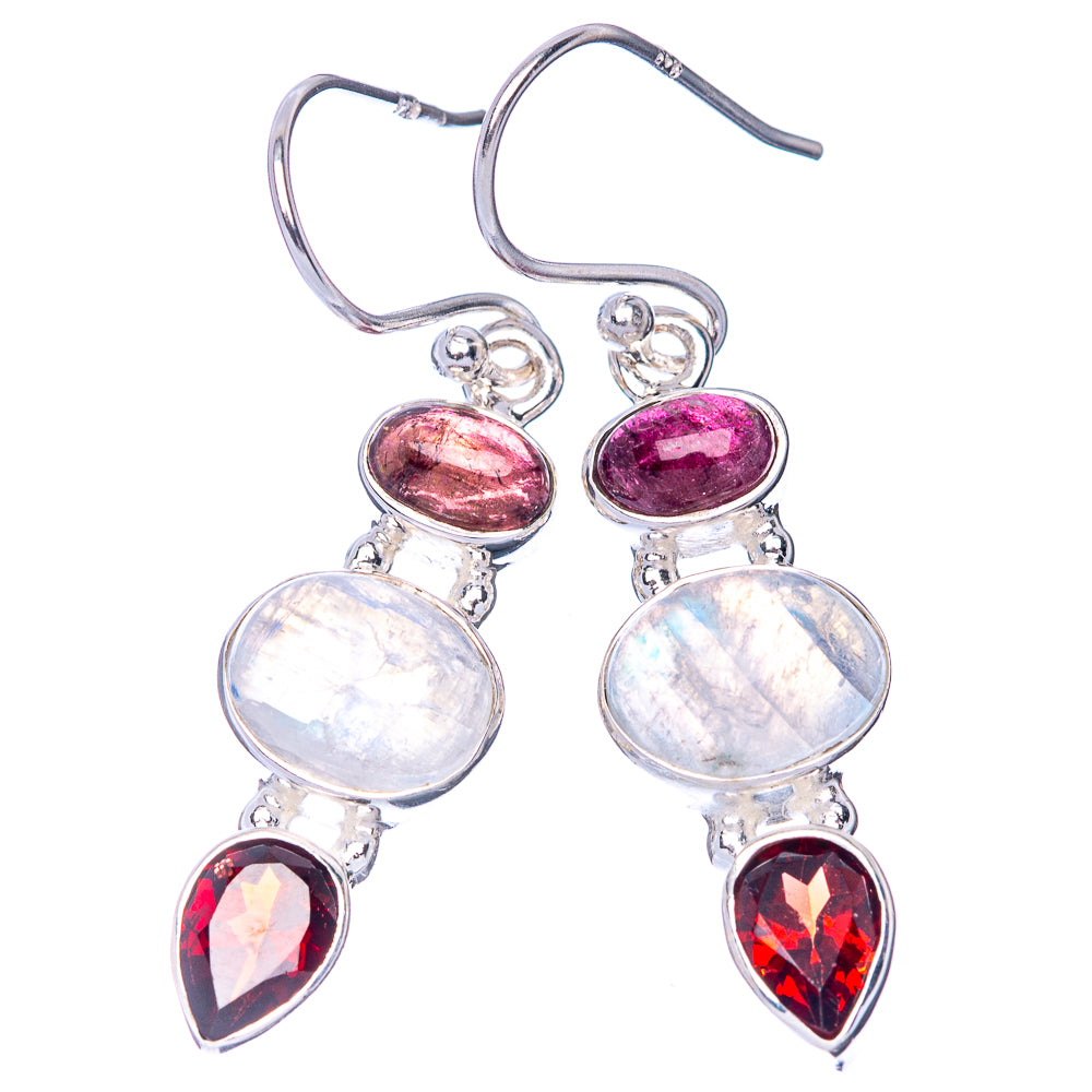 Sterling silver dangle earrings with pink oval, white round moonstone, and red teardrops