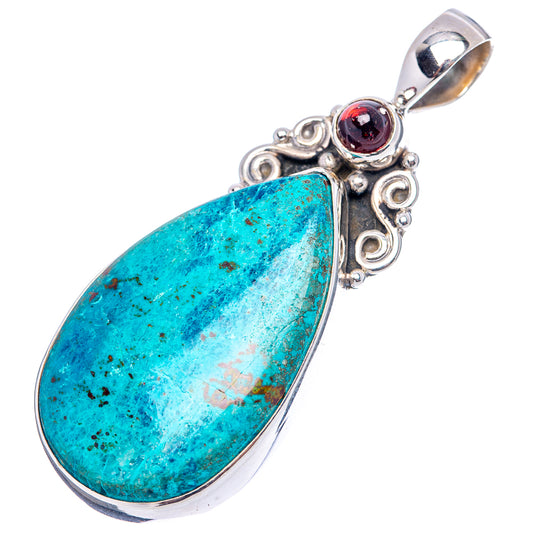 Turquoise teardrop gemstone pendant with round garnet accent and silver bail