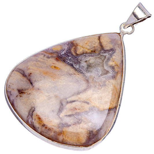 Silver-plated teardrop rhyolite pendant with marbled beige, gray, and purple stone