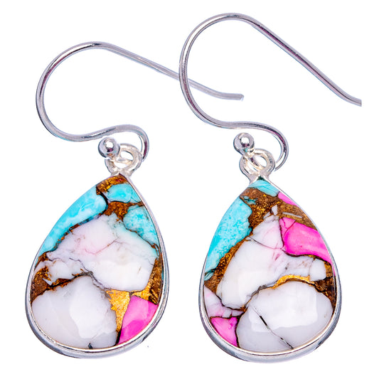 Pair of sterling silver teardrop earrings with turquoise, magenta and white stone inlay