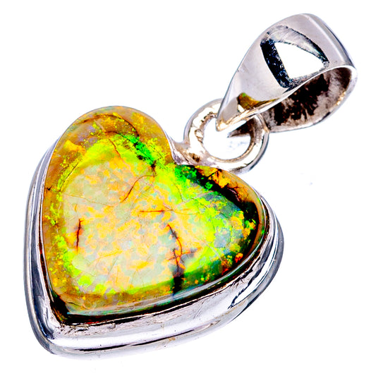 Front view heart opal pendant in .925 sterling silver with bright yellow-green iridescent stone