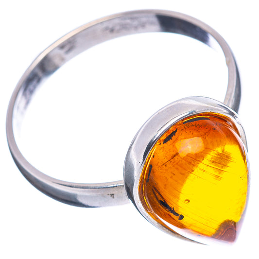 Amber teardrop cabochon sterling silver ring, size 10, side view