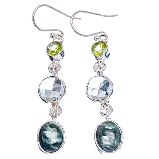 Pair of sterling silver drop earrings with green round tops, faceted clear stones, green ovals
