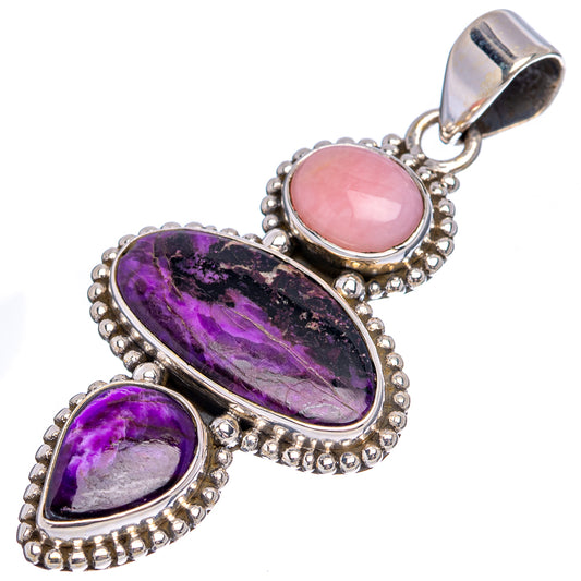 Oval purple and pink gemstone pendant with bead-edge 925 sterling silver frame