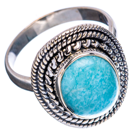 Oval larimar cabochon sterling silver ring with engraved rope bezel, side view