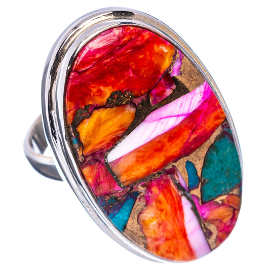 Oval colorful mosaic ring on silver band, featuring pink, orange, turquoise, and white