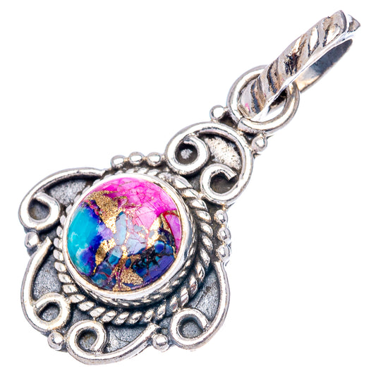 Sterling silver opal pendant with round pink-blue cabochon, scrolling frame and top loop