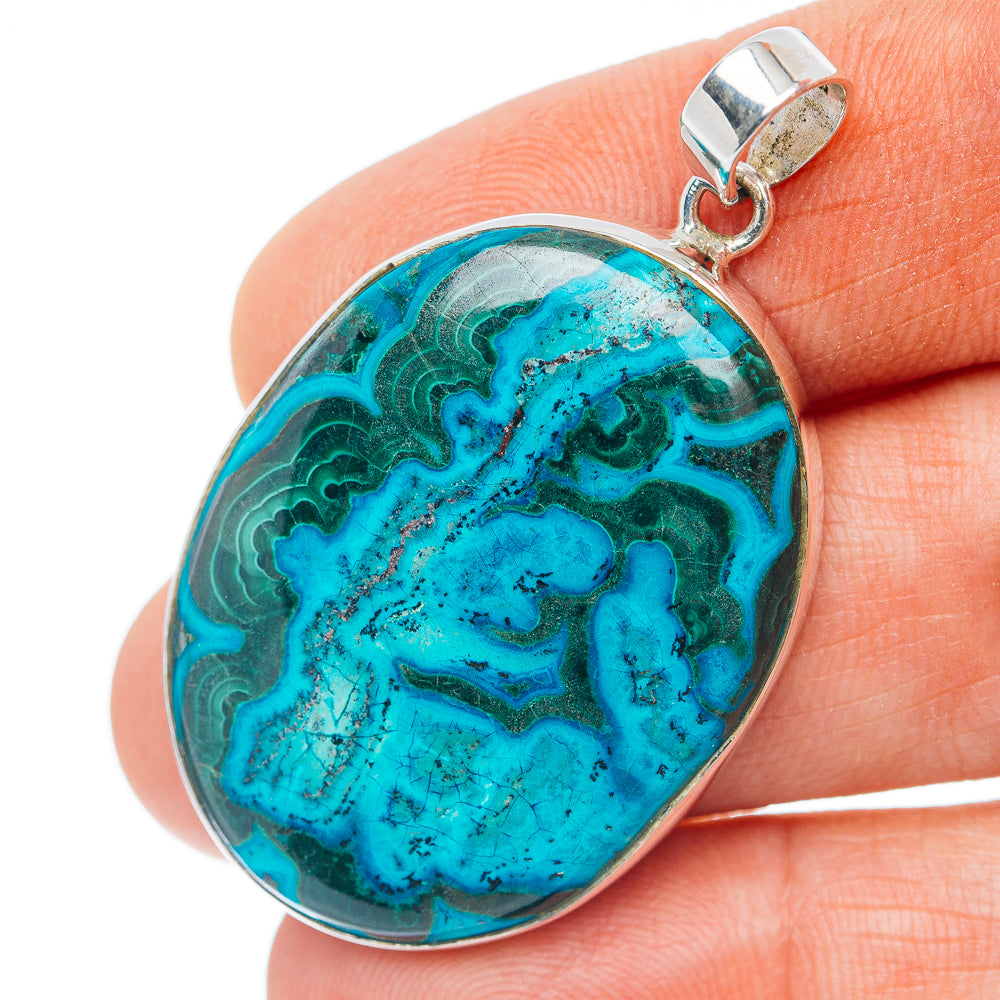 Premium Malachite In Chrysocolla Pendant 1 3/4" (.925 Sterling Silver)