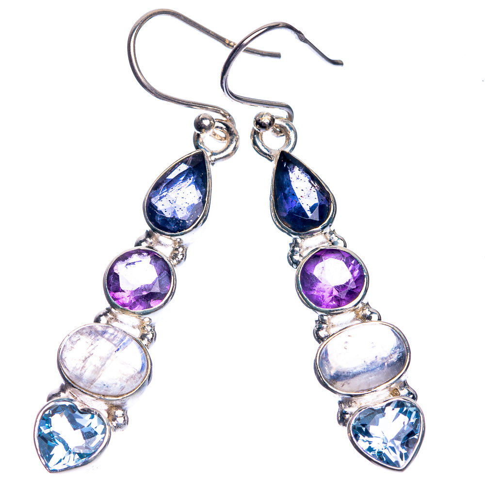 Sterling silver drop earrings with blue teardrops, purple round, and moonstone oval