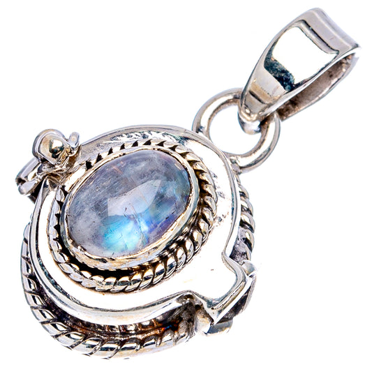 Sterling silver oval moonstone pendant with raised filigree frame and open bail