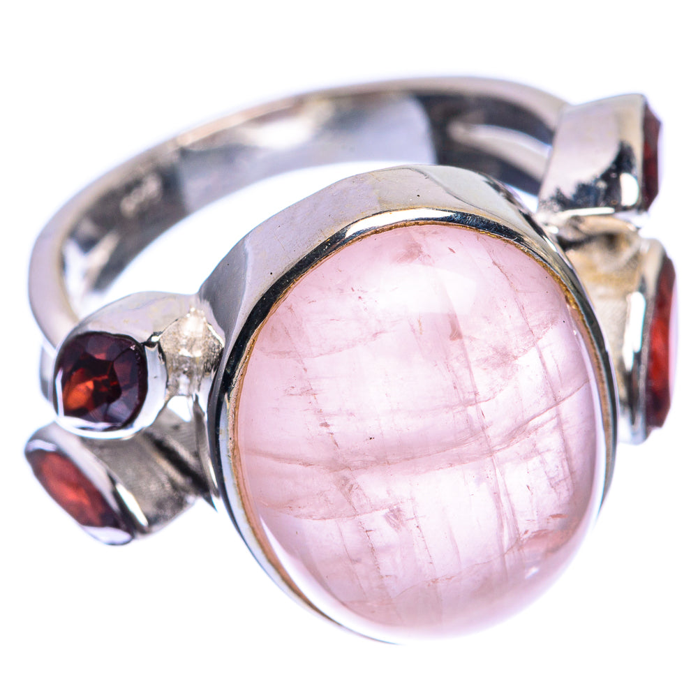 Rose Quartz, Garnet 925 Sterling Silver Ring Size 6.25