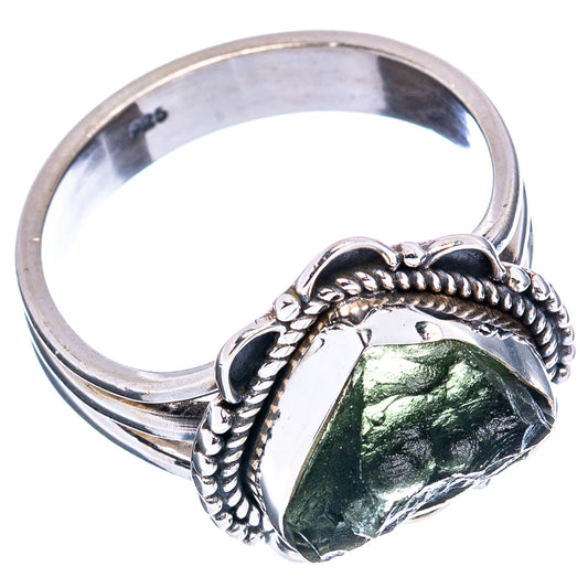 Sterling silver ring featuring dark green rough stone with braided wire border