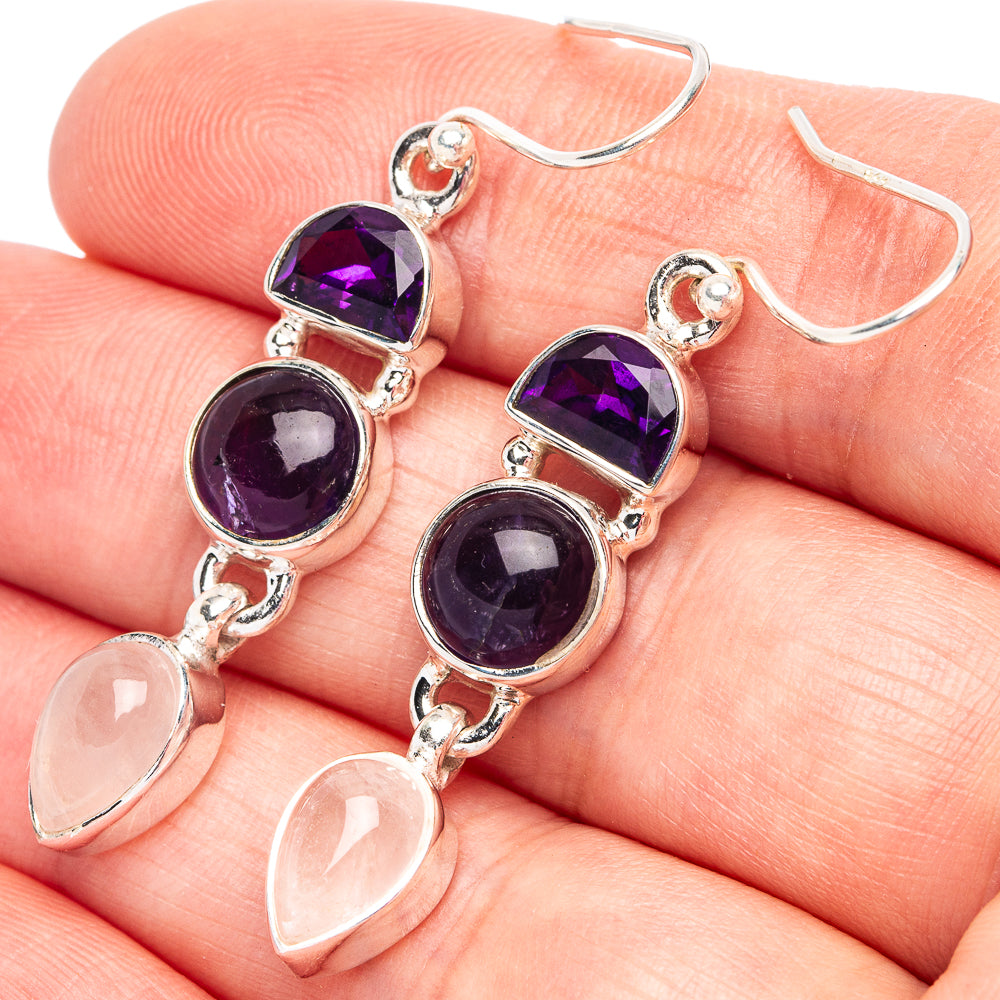 Amethyst, Rose Quartz 925 Sterling Silver Earrings 1 7/8" (925 Sterling Silver) E2178