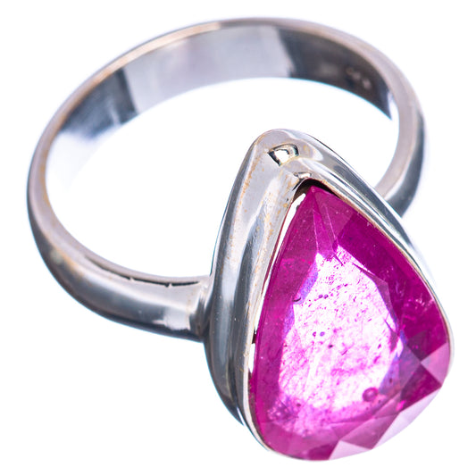 Teardrop pink ruby-glass ring in polished silver with raised gemstone bezel