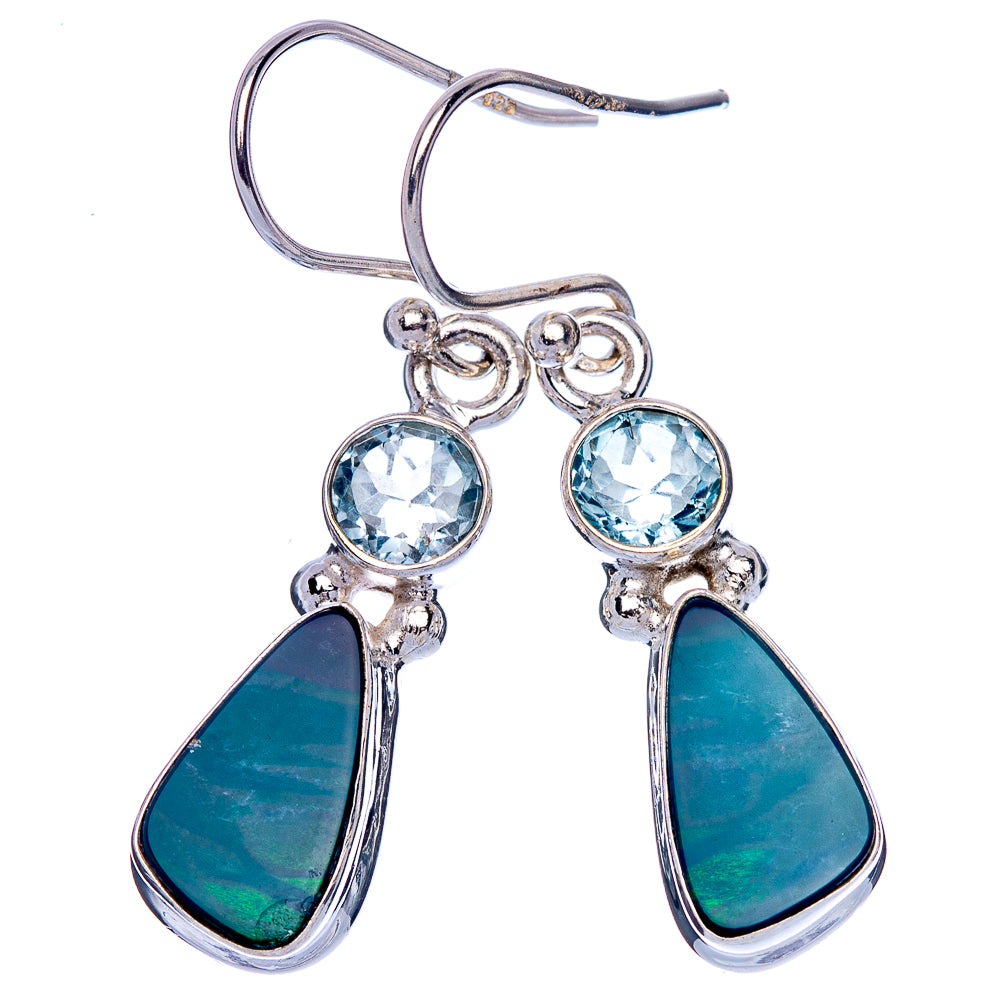 Australian Opal, Blue Topaz Earrings 1 3/8" (925 Sterling Silver) E433253