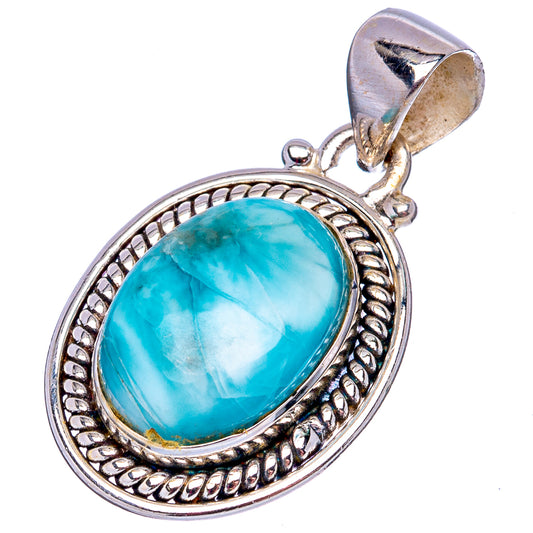 Sterling silver oval larimar pendant, blue cabochon in engraved rope frame