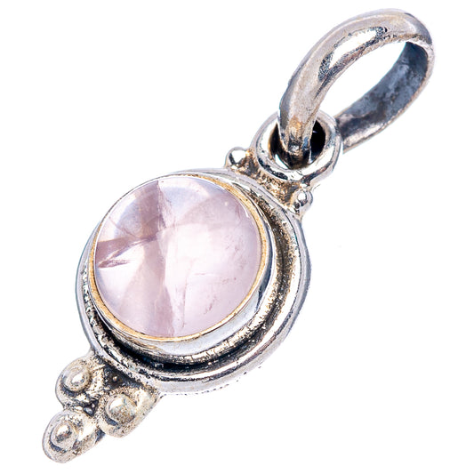 Round rose quartz cabochon pendant in .925 sterling silver, ornate bezel and bail